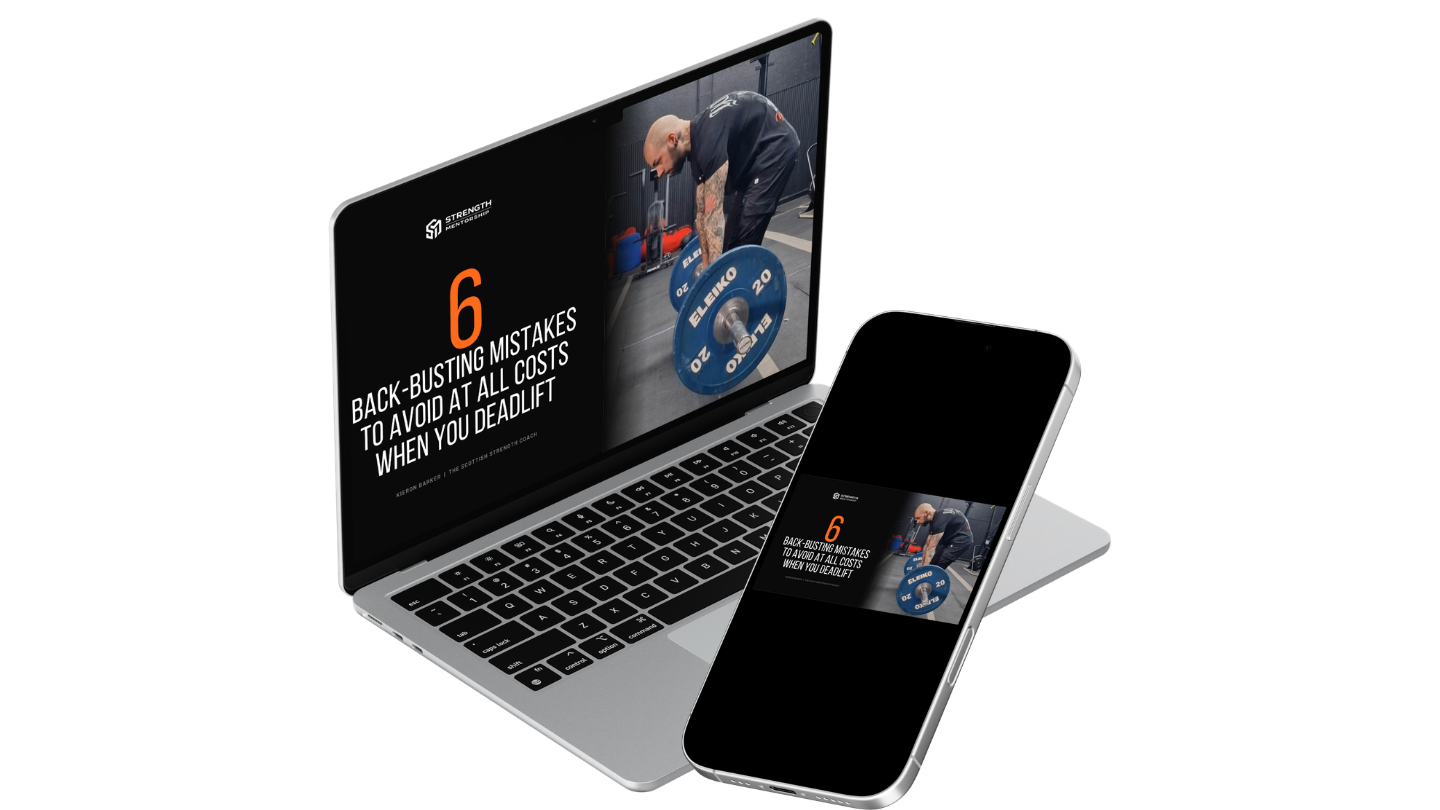 6 Back-Busting Deadlift Mistakes guide shown on laptop and phone